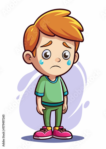 Sad kid with tear rolling down cheek, emotional facial expression, unhappy child vector illustration. Depressed young boy crying, sorrowful face, grief-stricken child cartoon character.