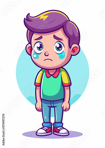 Sad kid with tear rolling down cheek, emotional facial expression, unhappy child vector illustration. Depressed young boy crying, sorrowful face, grief-stricken child cartoon character.
