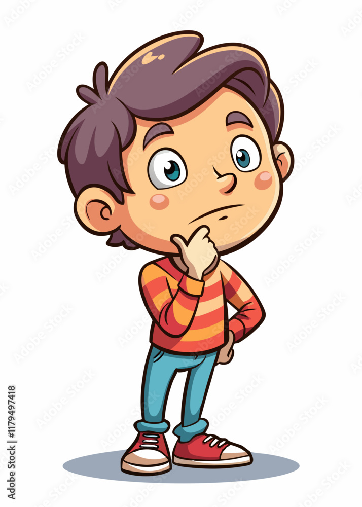 Curious young child thinking with hand on chin, tilting head in deep thought. Cute kid with questioning expression, thoughtful preschooler wondering, isolated vector illustration. Curious young child thinking with hand on chin, tilting head in deep thought. Cute kid with questioning expression, thoughtful preschooler wondering, isolated vector illustration.