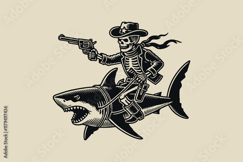 Cowboy  skeleton riding a shark with a gun in hand. Vintage engraving vector illustration, hand drawn sketch. Tattoo, print, woodcut	 photo