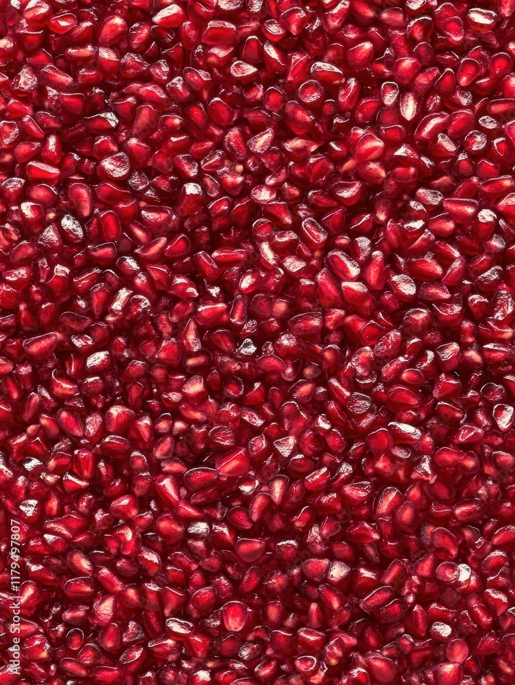 A close-up view of scattered pomegranate seeds showcases their vibrant red color and glossy texture, providing ample copy space for captions or labels A close-up view of scattered pomegranate seeds showcases their vibrant red color and glossy texture, providing ample copy space for captions or labels