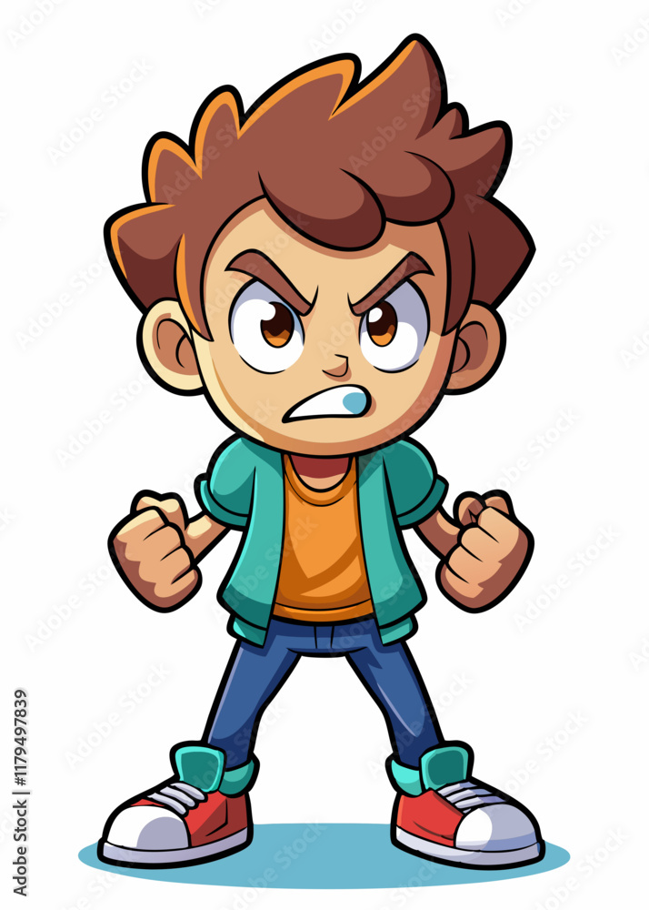 Frustrated young child stomping foot in anger, clenching fists with furrowed brows. Upset kid expressing emotions through body language, isolated vector illustration. Frustrated young child stomping foot in anger, clenching fists with furrowed brows. Upset kid expressing emotions through body language, isolated vector illustration.