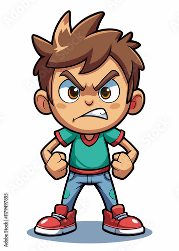  Frustrated young child stomping foot in anger, clenching fists with furrowed brows. Upset kid expressing emotions through body language, isolated vector illustration.