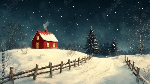 Cozy winter cottage in snow. Generative AI