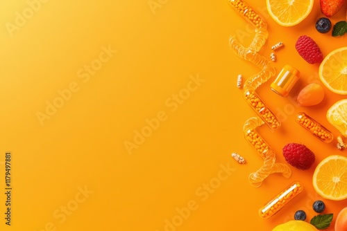 Colorful fruit alignment with dna strands studio setting digital art vibrant background close-up view genetic diversity concept photo