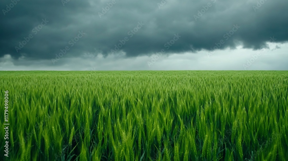 Lush Green Field Under Dramatic Stormy Skies with Powerful Contrast and Copy Space Lush Green Field Under Dramatic Stormy Skies with Powerful Contrast and Copy Space