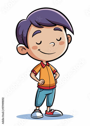 Shy child with hands behind back, looking down with a small bashful smile. Cute introverted kid feeling timid and reserved, expressing quiet confidence.
