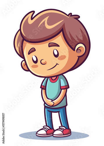 Shy child with hands behind back, looking down with a small bashful smile. Cute introverted kid feeling timid and reserved, expressing quiet confidence.
