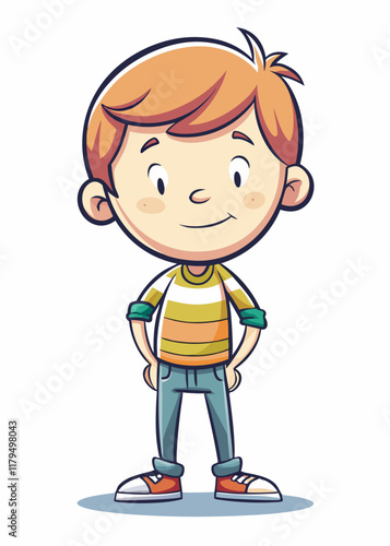 Shy child with hands behind back, looking down with a small bashful smile. Cute introverted kid feeling timid and reserved, expressing quiet confidence.
