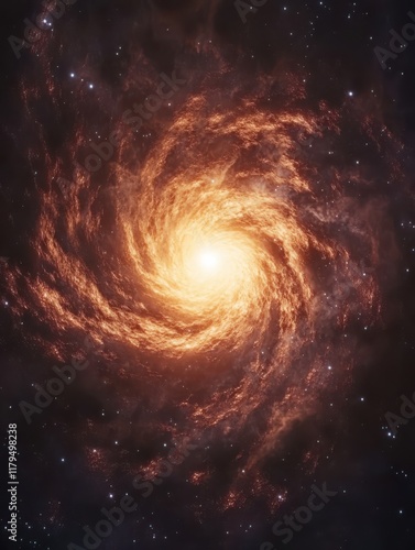 A stunning spiral galaxy features a bright core radiating light, surrounded by swirling arms filled with countless stars against the backdrop of deep space photo