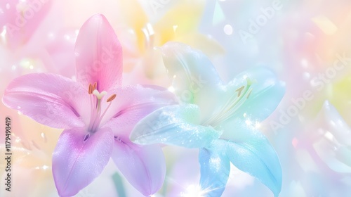Beautiful lilies in pastel colors, with sunlight shining on them. 