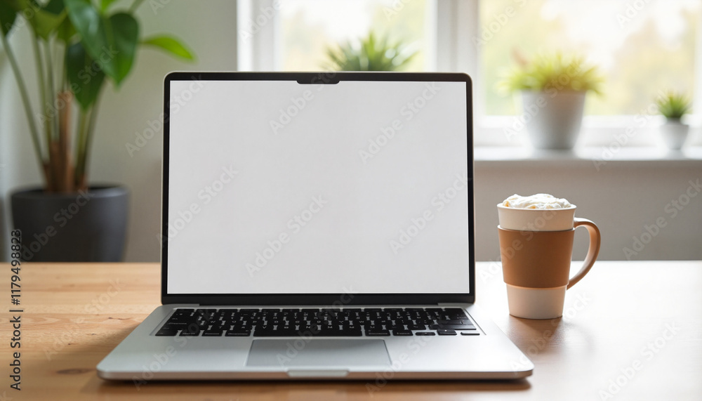Modern workspace with blank laptop and coffee cup, creative ambiance Modern workspace with blank laptop and coffee cup, creative ambiance