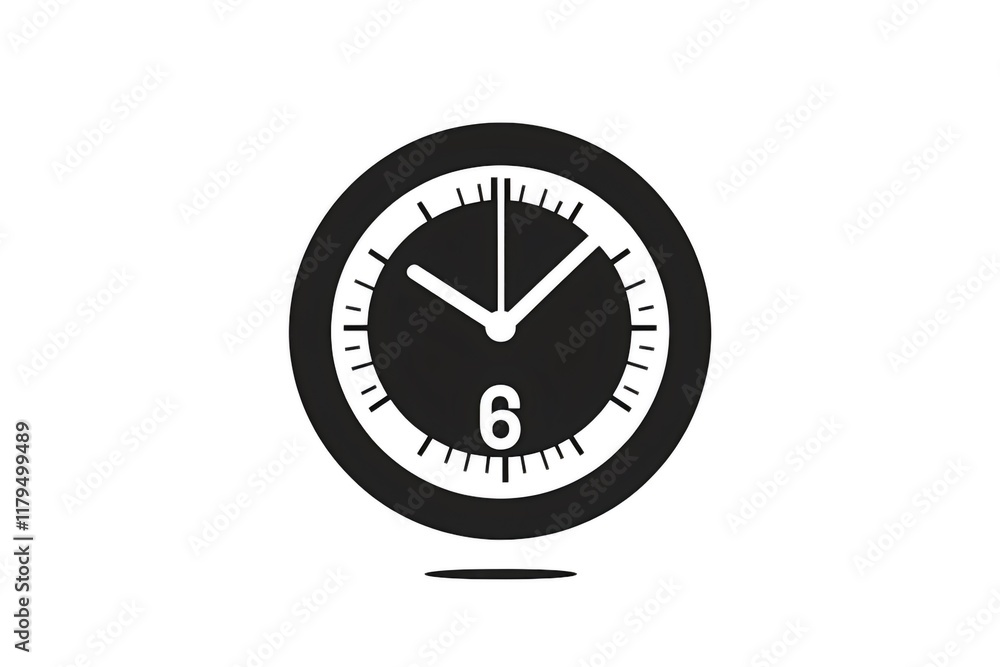 Minimalist black and white clock showing half past five, casting a small shadow on a plain white background, perfect for representing concepts related to time management, deadlines, and scheduling Minimalist black and white clock showing half past five, casting a small shadow on a plain white background, perfect for representing concepts related to time management, deadlines, and scheduling