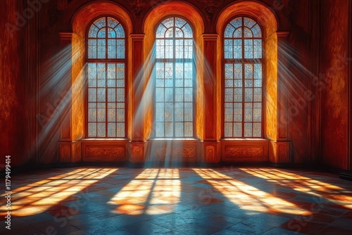 elegant arched window room interior with sunlight streaming through historic gothic architecture, creating dramatic light and shadow patterns