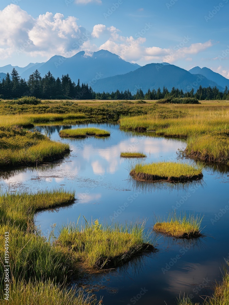 A tranquil landscape shows a winding waterway surrounded by lush green grass and small islands of vegetation. Majestic mountains rise in the background, creating a peaceful atmosphere A tranquil landscape shows a winding waterway surrounded by lush green grass and small islands of vegetation. Majestic mountains rise in the background, creating a peaceful atmosphere