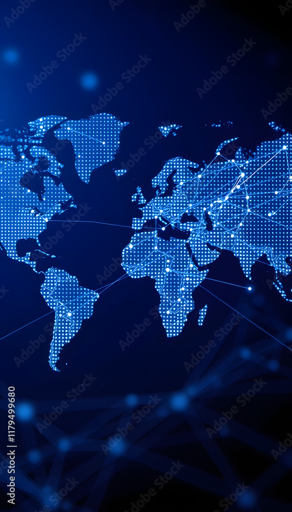 World Map with Glowing Nodes and Connections: Illustrates Global Network, Data Transfer, Communication, Technology, and International Business World Map with Glowing Nodes and Connections: Illustrates Global Network, Data Transfer, Communication, Technology, and International Business