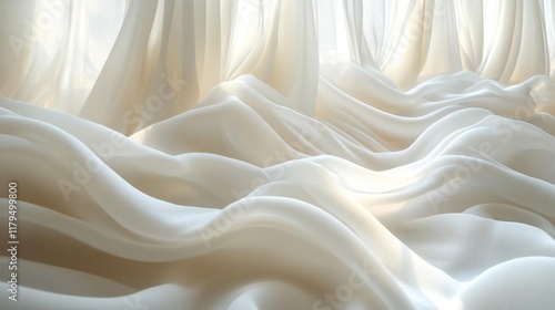 Elegant flowing white fabric with soft light and shadows. Generative AI photo