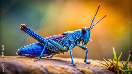 Blue grasshopper close-up: minimalist nature photography capturing delicate insect detail. photo