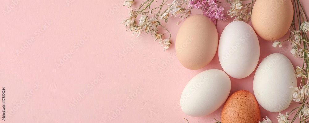 Charming Eggs and Flowers on Soft Pink Background Charming Eggs and Flowers on Soft Pink Background