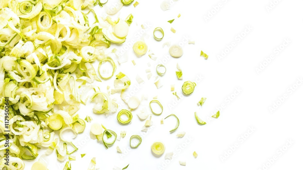 Freshly chopped leek rings scattered across a rustic wooden cutting board, isolated against a clean white background. Freshly chopped leek rings scattered across a rustic wooden cutting board, isolated against a clean white background.