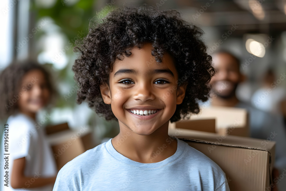 A Happy Child Smiles Amidst Moving Boxes, Family in the Background A Happy Child Smiles Amidst Moving Boxes, Family in the Background