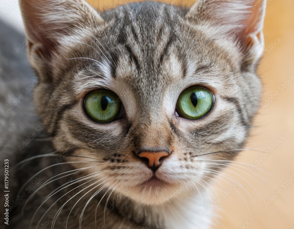 Close-Up Portrait of Adorable Gray Tabby Kitten with Striking Green Eyes Close-Up Portrait of Adorable Gray Tabby Kitten with Striking Green Eyes