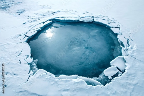 Fototapeta Naklejka Na Ścianę i Meble -  Melting ice creating a deep blue water pool surrounded by thick snow and ice on a frozen lake during winter, creating a beautiful contrast between the cold white snow and the deep blue water