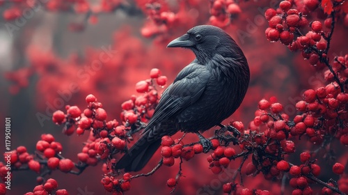 Blackbird Perched on Red Berry Branch. Generative AI photo