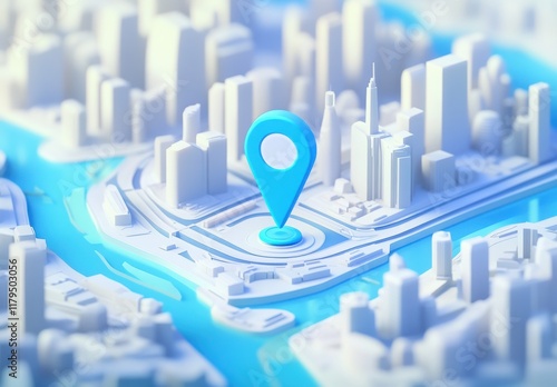 A blue dot is placed on a city map, indicating a location. The city is depicted in a 3D model, with buildings and a river in the background. Google maps 3D