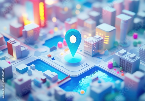 A cityscape with a blue dot on it that says 