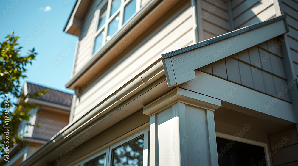 Residential Building Exterior Detail: Roofline, Siding, and Column Residential Building Exterior Detail: Roofline, Siding, and Column