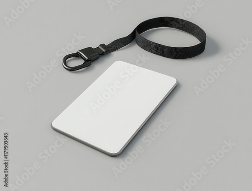 A white card with a black and white design sits on a grey surface. The design on the card is abstract and has a modern feel to it. Empty space for logo or text, mockup photo