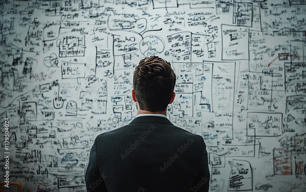 businessman in deep thought, surrounded by doodles symbolizing business challenges, overthinking, stress management, decisionmaking process, digital art, abstract design businessman in deep thought, surrounded by doodles symbolizing business challenges, overthinking, stress management, decisionmaking process, digital art, abstract design