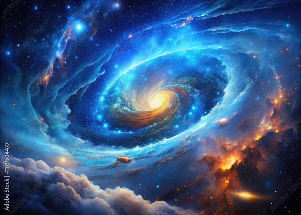 Drone's eye view: a stunning blue nebula explodes with cosmic dust, a galactic masterpiece. Drone's eye view: a stunning blue nebula explodes with cosmic dust, a galactic masterpiece.