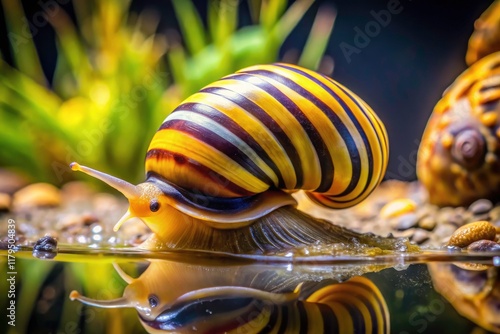 Drone shot reveals intricate details of a yellow-brown banded Anentome helena snail's shell in its underwater habitat. photo