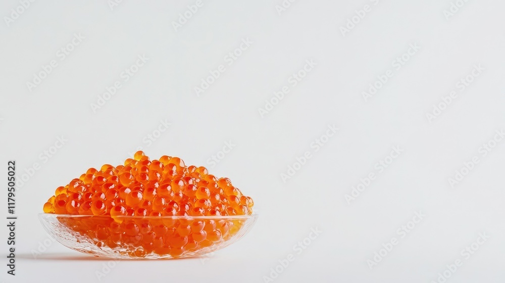 Minimalistic photo of red caviar placed on a smooth white background, vibrant color contrast and ample copy space Minimalistic photo of red caviar placed on a smooth white background, vibrant color contrast and ample copy space