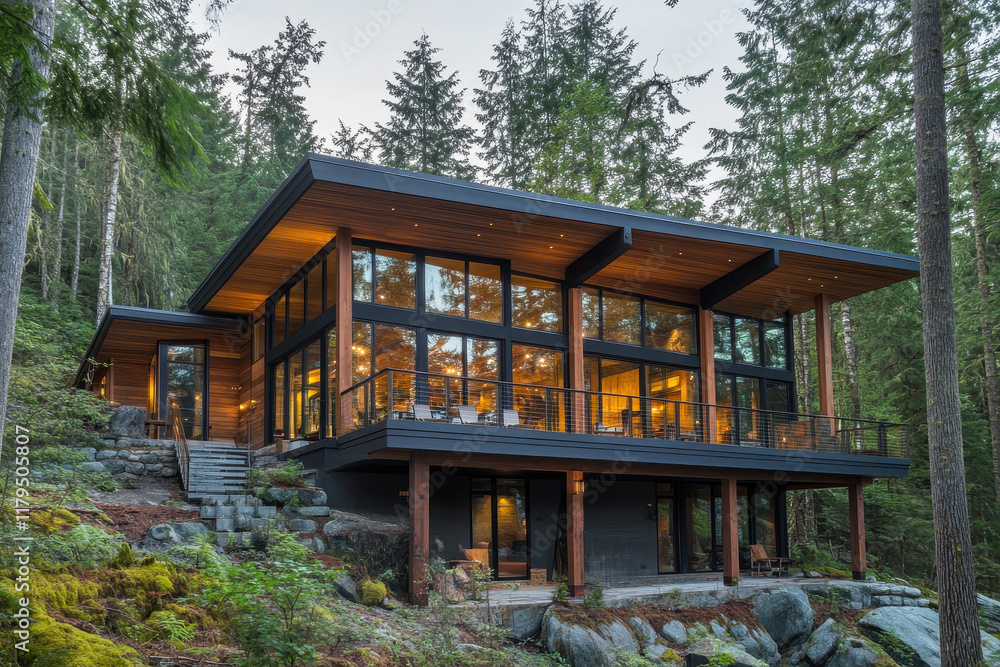 Modern forest lodge with wood and glass architecture in nature Modern forest lodge with wood and glass architecture in nature