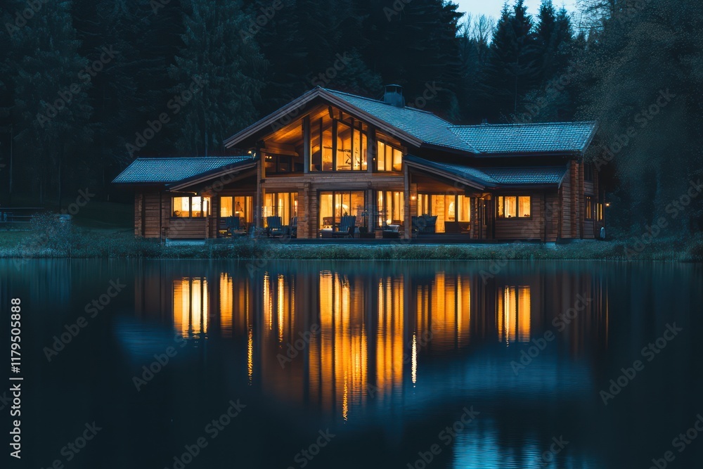 Fototapeta premium A serene lakefront cabin with large windows, timber architecture, and soft light reflecting on the water