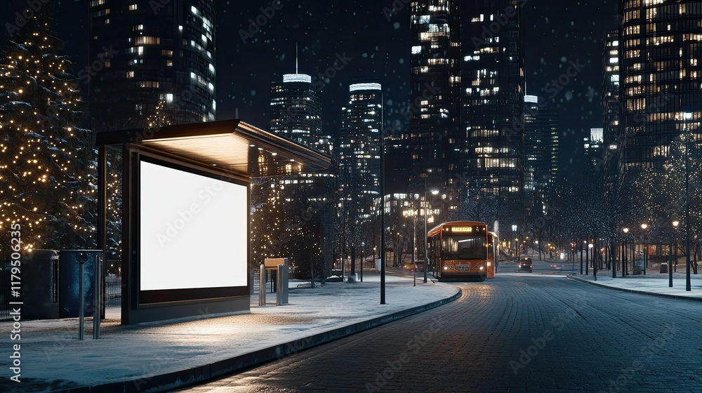 A blank billboard stands at a bus stop under the glow of city lights, surrounded by tall buildings and nighttime ambience A blank billboard stands at a bus stop under the glow of city lights, surrounded by tall buildings and nighttime ambience