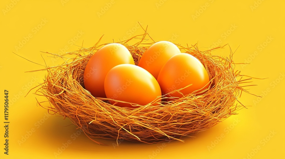 Easter eggs in nest and flower on isolated yellow background Easter eggs in nest and flower on isolated yellow background