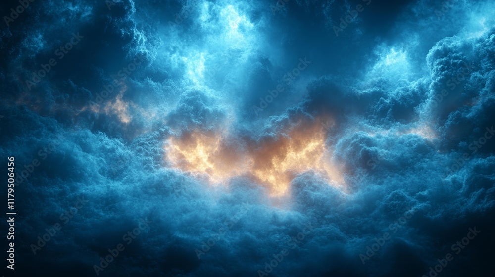 Fototapeta premium Blue storm clouds with fiery light in the center. Generative AI