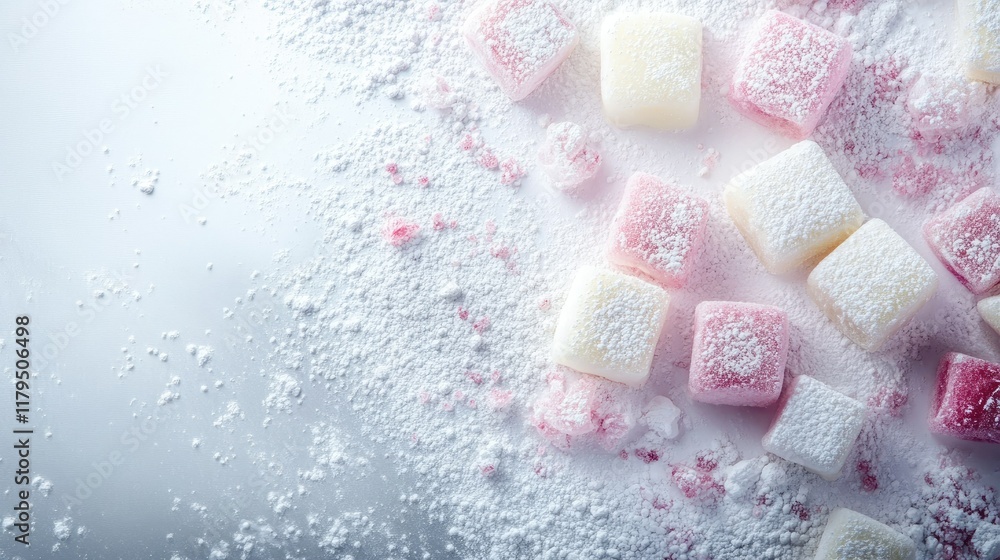 Pastel Turkish Delight sweets scattered casually with powdered sugar dusting, placed on a smooth white surface, leaving copy space for text. Pastel Turkish Delight sweets scattered casually with powdered sugar dusting, placed on a smooth white surface, leaving copy space for text.