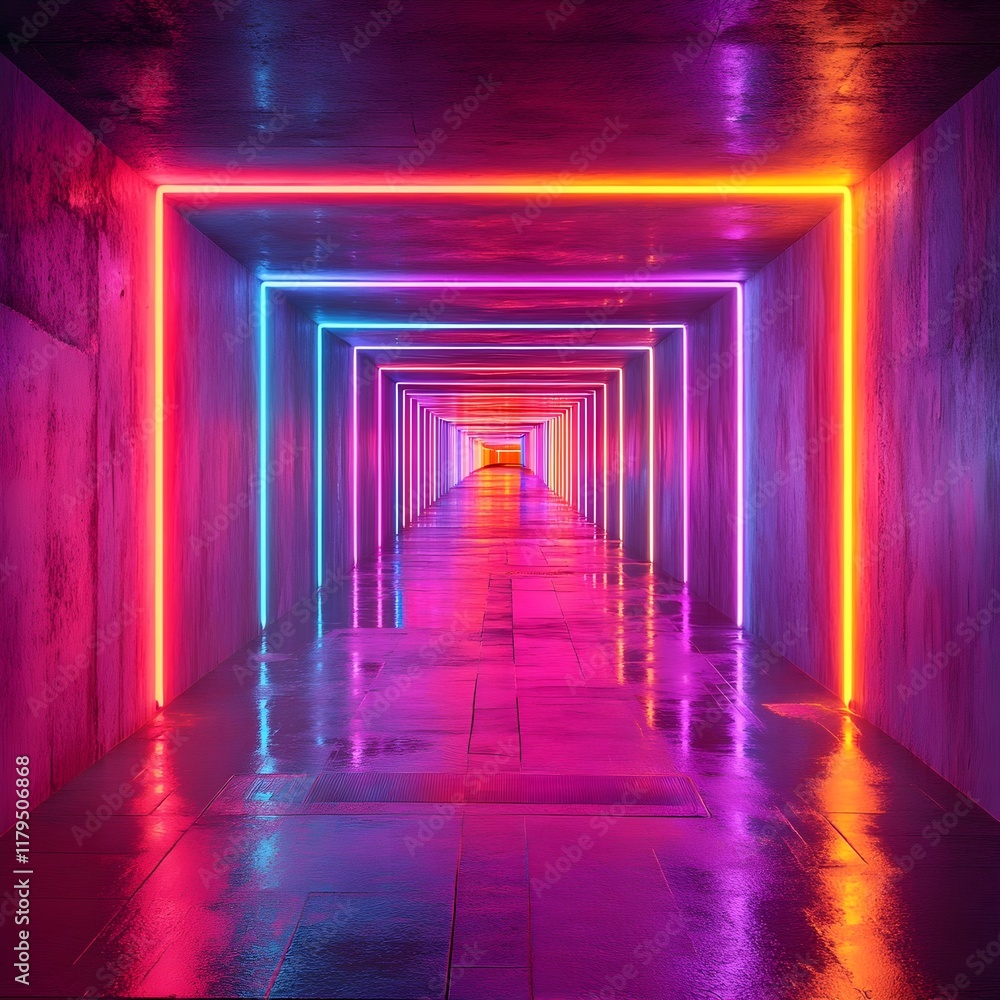 A neon tunnel with pulsating lights in a vanishing perspective. A neon tunnel with pulsating lights in a vanishing perspective.