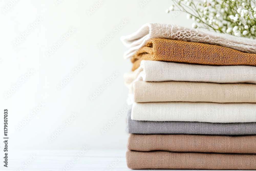 Aesthetic stack of soft, neutral-colored fabrics and delicate flowers, creating a serene and cozy atmosphere. Aesthetic stack of soft, neutral-colored fabrics and delicate flowers, creating a serene and cozy atmosphere.