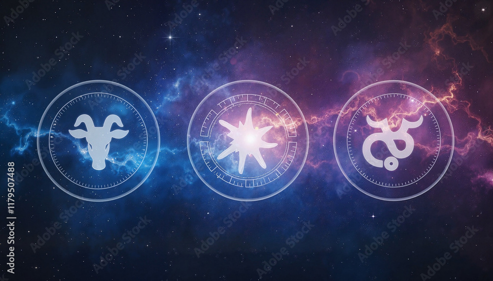 Astrological symbols in cosmic background, spiritual enlightenment Astrological symbols in cosmic background, spiritual enlightenment