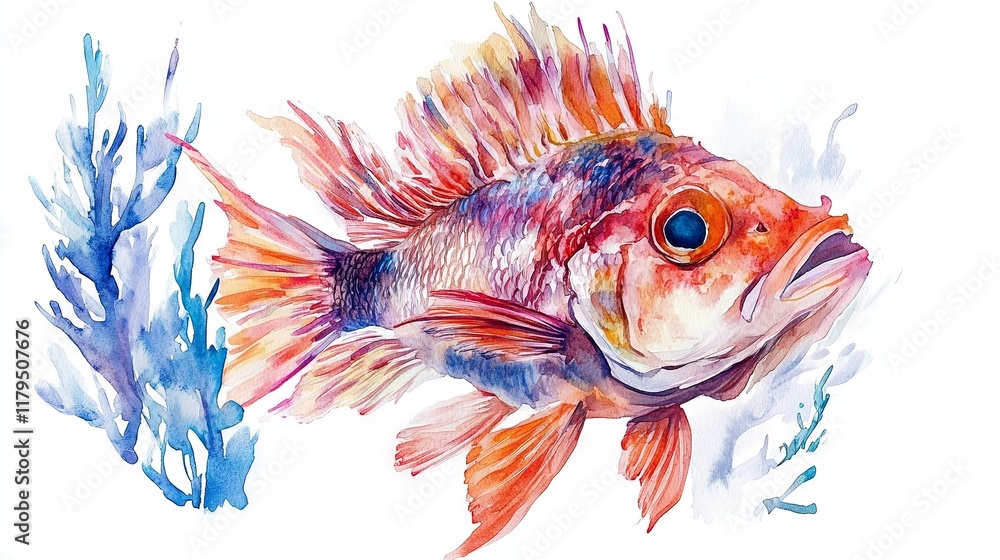 Fototapeta premium Fish and corals watercolor 