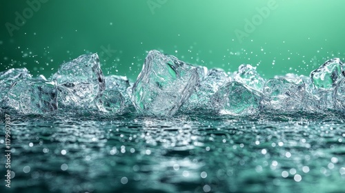 Ice cubes on green chromakey background. Generative AI photo