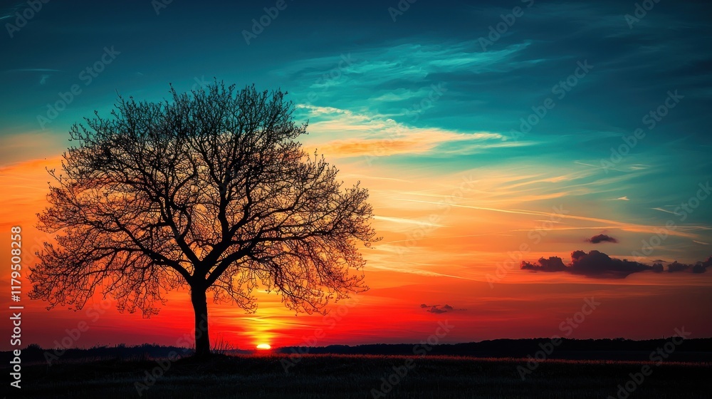 Majestic Sunset Silhouette: A Lone Tree at Golden Hour Majestic Sunset Silhouette: A Lone Tree at Golden Hour