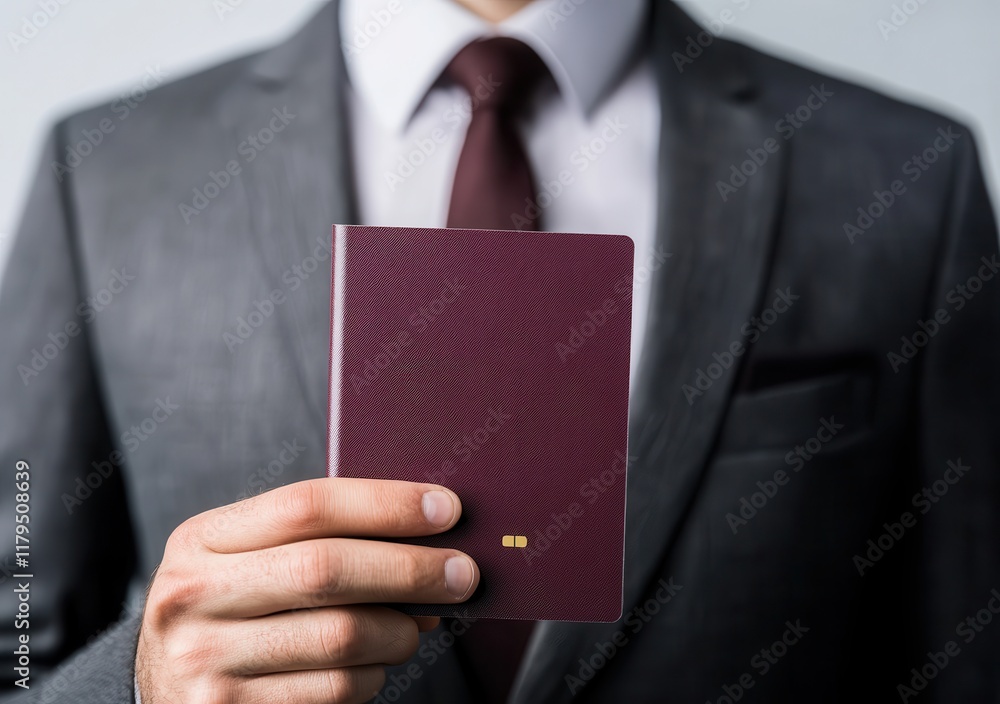 A man is holding a passport in his hand. The passport is purple and has a design on it. The man is wearing a suit and tie, giving the impression that he is a businessman or a professional A man is holding a passport in his hand. The passport is purple and has a design on it. The man is wearing a suit and tie, giving the impression that he is a businessman or a professional