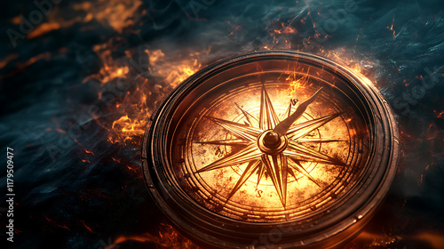 A glowing compass amidst swirling flames and water, symbolizing direction and adventure.
